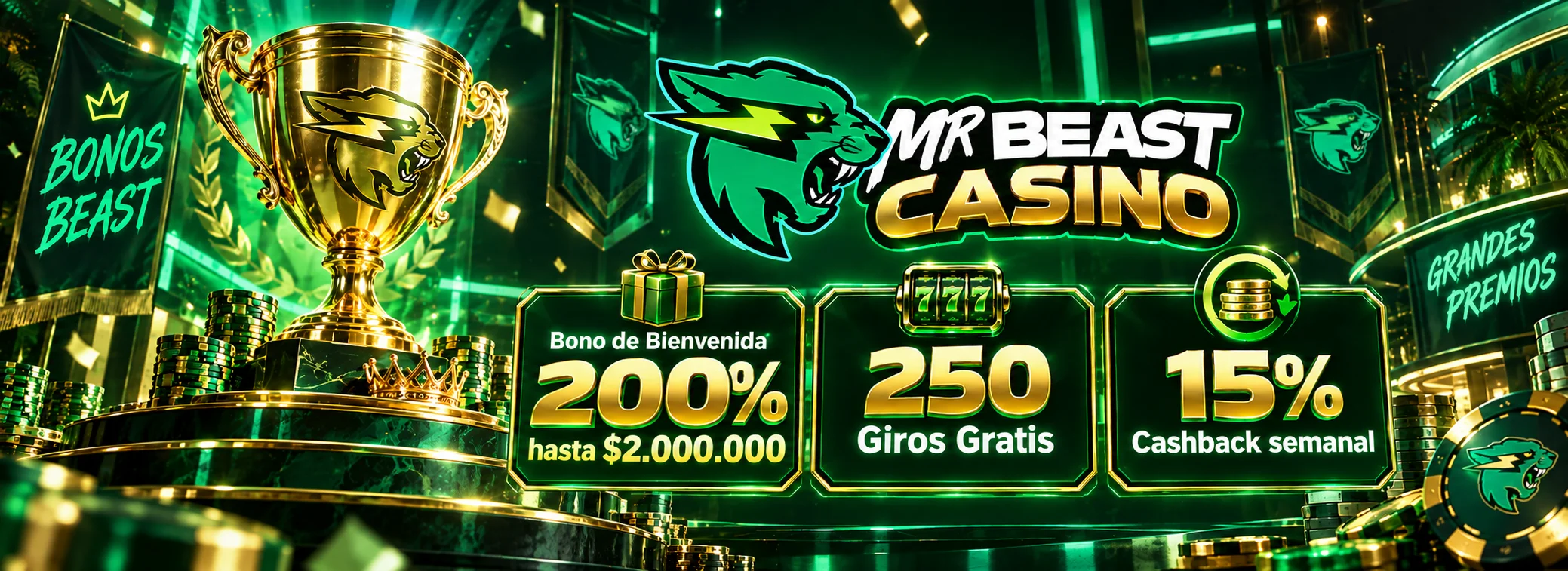 Bono de bienvenida de MrBeast Casino: 200% hasta $2.000.000 y 250 giros gratis